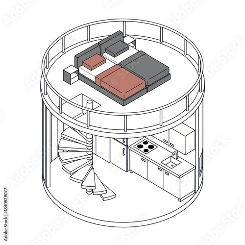 Modern Tiny House Interior Design with Loft Bedroom and Kitchenette.