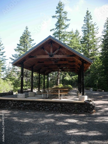 Picnic area with pavillon in outdoor setting with pine trees