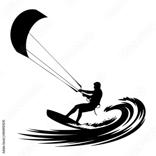 Black silhouette of a kitesurfer riding a wave