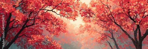 Vibrant red foliage creates a dense canopy above a bright, atmospheric clearing