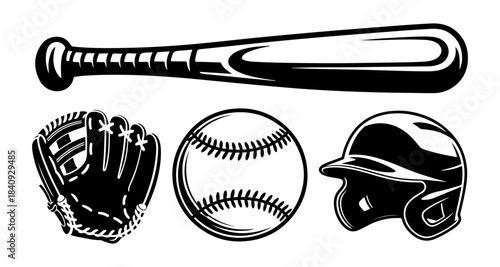 Black silhouette set of baseball equipment