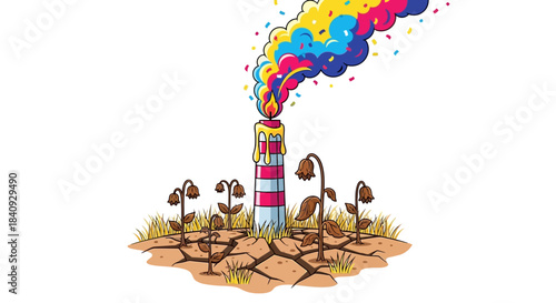 Cartoon Candle with Colorful Smoke and Dying Plants Environmental Concept.