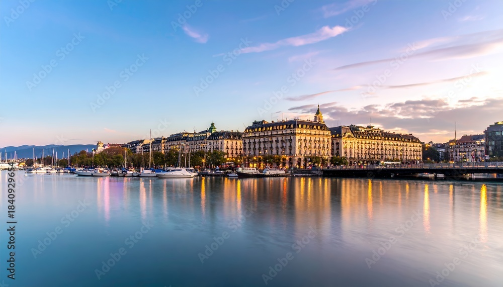 Obraz premium Geneva Cityscape at Sunset Reflected in Lake Geneva with Boats and Buildings.