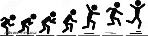 Black stick figures illustrate a running progression from a crouch to a triumphant leap