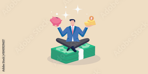 Man balancing a piggy bank and coins on piles of money