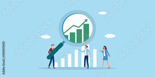 Analyzing growth trends a team examines data with a magnifying glass