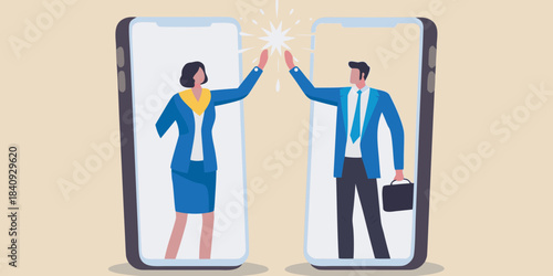 Successful virtual collaboration two professionals celebrating a high five on a smartphone