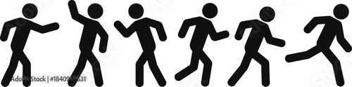Black stick figures illustrate a sequence of human actions from standing to running across the frame