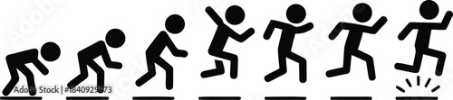 Black stick figures illustrate the progressive stages of a person running and leaping forward