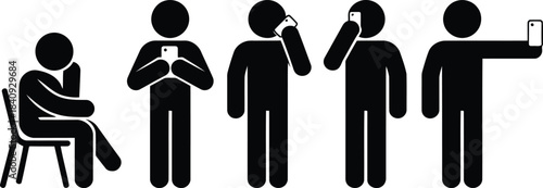 Black stick figures illustrate modern human interactions and common mobile phone usage activities including talking and taking selfies