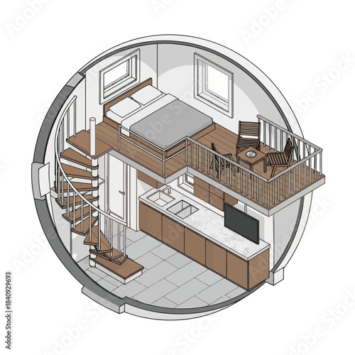 Modern Tiny House Interior Design with Loft Bedroom and Kitchenette.