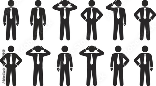 Collection of black stick figures depicting businessmen in suits with different gestures and poses