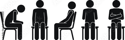 Five black stick figures illustrate various sitting positions including resting and attentive poses