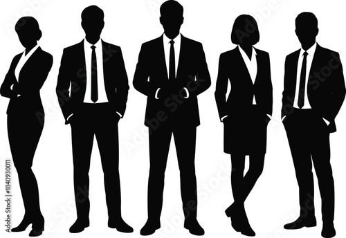 Five confident business professionals standing together in silhouette on a clean white background