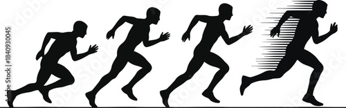 Four athletic male silhouettes display various stages of running and sprinting with dynamic motion lines