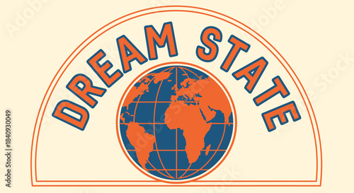 Retro-style logo featuring the words 'DREAM STATE' arched over an orange and blue globe illustration, set against a light background.