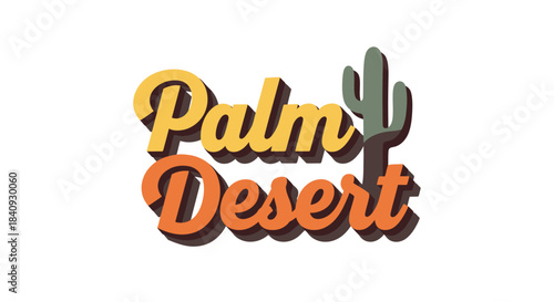 Retro style 'Palm Desert' text logo with a cactus icon, featuring stacked yellow and orange lettering on a white background.