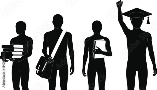 Four black silhouettes illustrate students academic journey from carrying books to celebrating graduation success on white