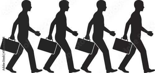 Four black male silhouettes are walking across a white surface holding briefcases