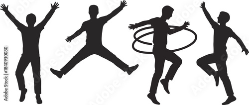 Four black silhouette men are actively jumping and celebrating with arms outstretched on a clean white backdrop