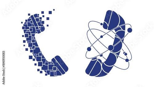 Blue telephone receiver and atom symbol made of geometric shapes on a isolated
