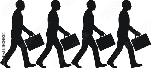 Four black silhouettes of businessmen walk across a plain white background carrying briefcases