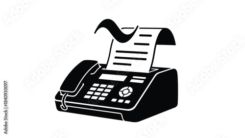 Black and white illustration of a fax machine printing a document
