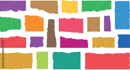 Set of multiple vibrant, irregularly shaped torn paper pieces with rough edges. Excellent for adding texture and color to various digital and print designs.