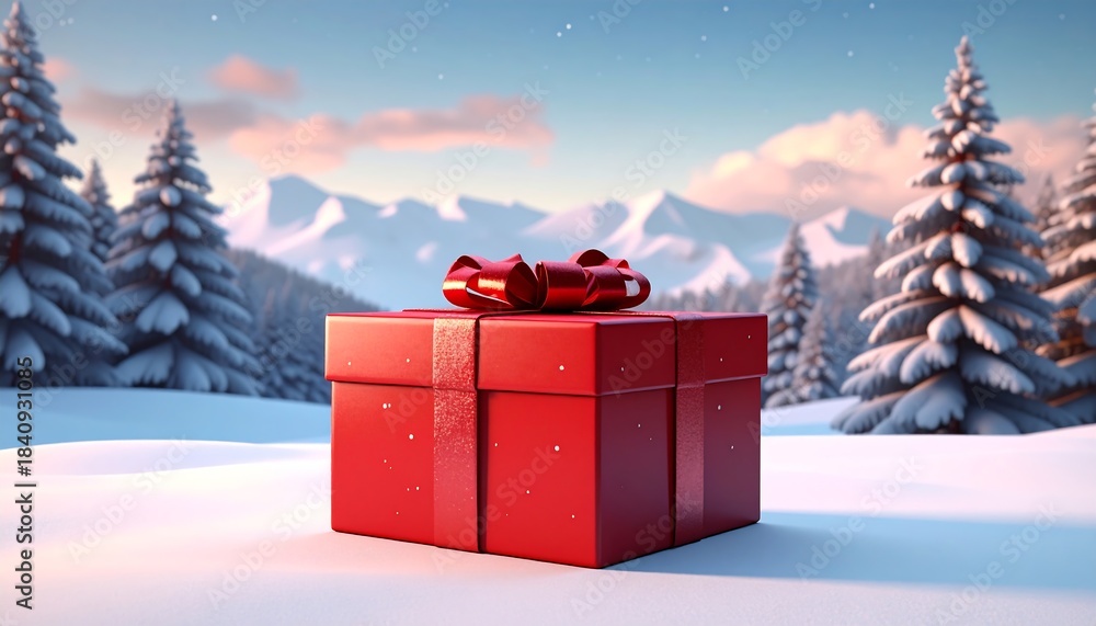 A red gift box on snow mountain background - Adobe Stock A red gift box on snow mountain background - Adobe Stock