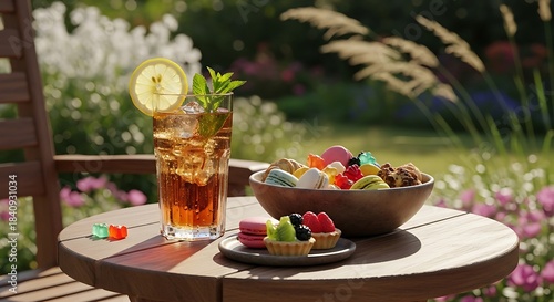 A delightful array of treats and a refreshing iced tea, served outdoors on a sunny day, creating a relaxed and inviting ambiance.