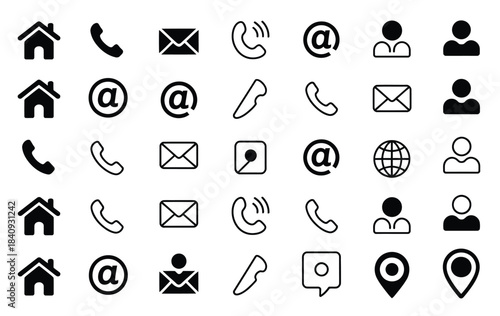 Business contact icons set, in clean line art style featuring phone symbols, email envelopes, location markers, website globes, and address graphics, perfect for communication design, 