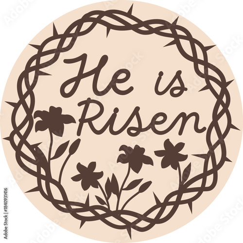 Easter He is Risen Round Sign SVG, Laser Cut File Glowforge Silhouette Cricut, Crown of Thorns Lily Flower Front Door Hanger, Frame Wreath