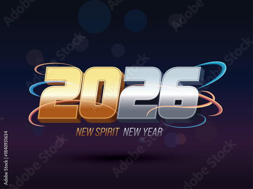 2026 New Year Text Effect with Gold and Silver Typography – Festive Celebration Design with Confetti and Light Trails