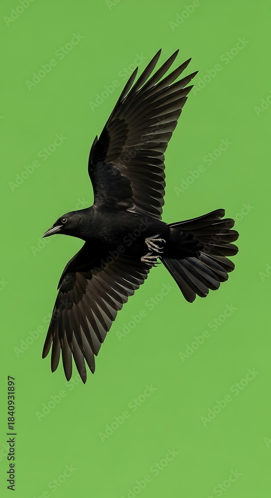 Obraz premium Dark feathered bird with fully extended wings soars against a bright green background