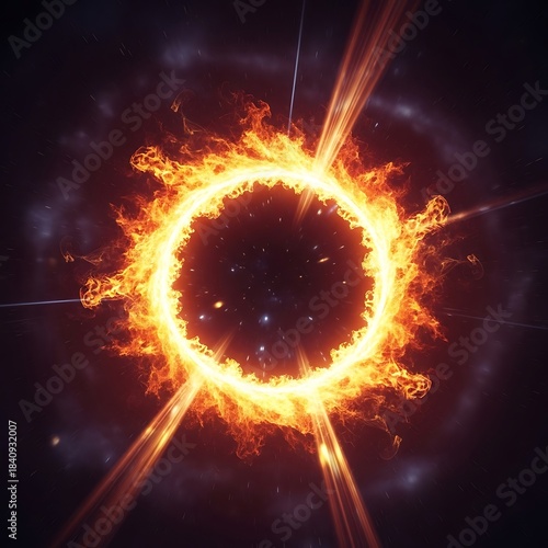 A fiery ring of cosmic proportions dominates the celestial scene, radiating intense energy and heat against a backdrop of space dust.