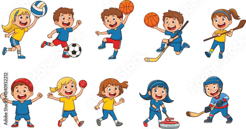 Full-body cartoon boy character set in a purple t-shirt showing various friendly gestures like waving, thumbs-up, standing, and shrugging for education, communication, and presentation material.