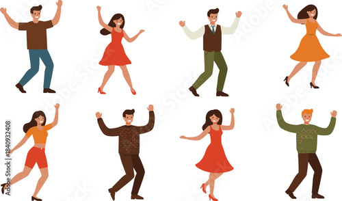 Set of diverse happy cartoon people, men and women, celebrating and enthusiastically dancing with raised arms at a party, event, or social gathering illustration.