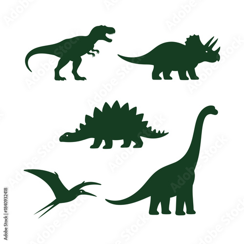 Prehistoric Dinosaur Silhouettes Set: T-Rex, Triceratops, Stegosaurus, Brontosaurus, and Pterodactyl Simple Vector Illustrations