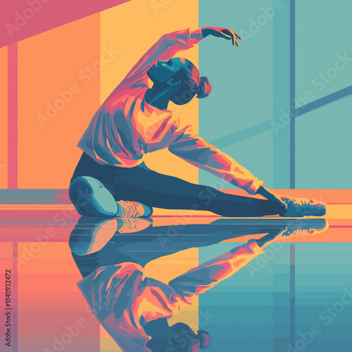A vibrant graphic illustration of a woman stretching gracefully on a reflective floor, bathed in warm and cool hues of orange, pink, and blue.