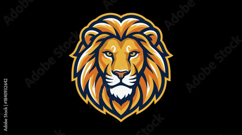 Majestic Lion Head Emblem with Golden Mane on Black Background, Symbol of Strength and Power
