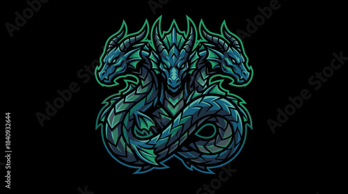 Mythical Creature Emblem A Detailed Illustration of a Three-Headed Dragon on Black Background