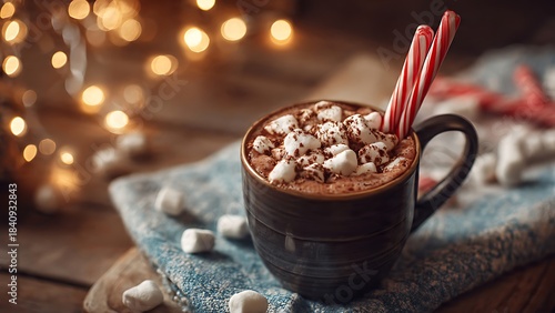 Cozy cup of hot chocolate with marshmallows and candy canes, perfect for a winter holiday season