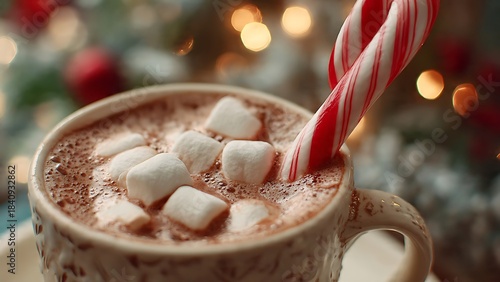 Close-up of a mug of hot chocolate topped with marshmallows and a candy cane, with festive bokeh lights in the background