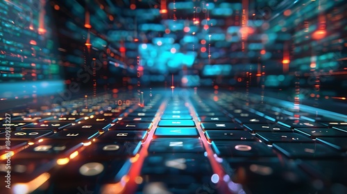 Data hologram menu floating above laptop keyboard futuristic digital technology concept background high resolution stock photo