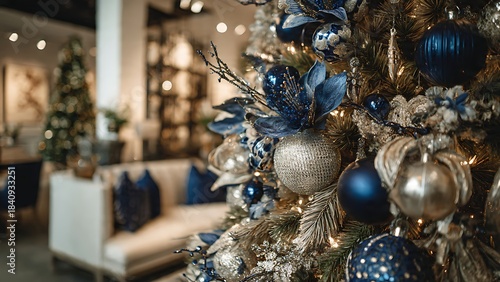 Decorated Christmas tree with blue and gold ornaments and festive garland, cozy holiday interior setting