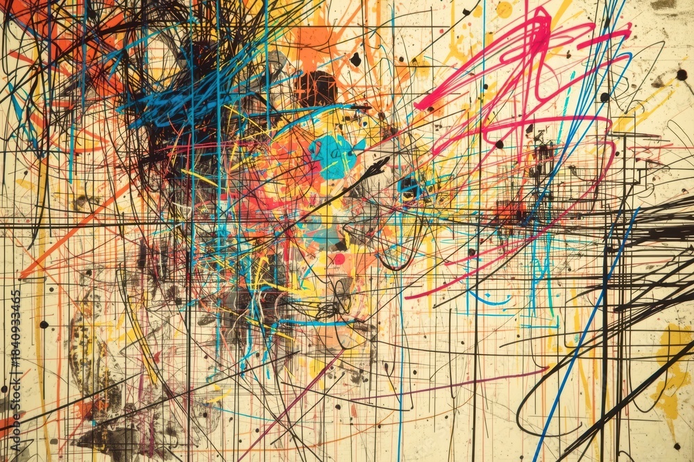 Obraz premium A colorful painting with splatters of paint and lines
