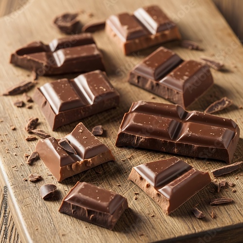 Broken dark chocolate bars scattered on a rustic wooden surface, showcasing rich chocolate hues and inviting textures.