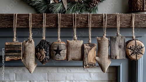Collection of rustic handmade burlap and wooden Christmas ornaments hanging from a decorative mantelpiece beam, creating a cozy and festive holiday atmosphere