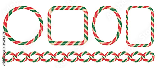 Candy cane border set, showcasing square, round, and oval Christmas frames, classic striped lollipop patterns, decorative festive brushes, and charming holiday graphics ideal for winter design, 