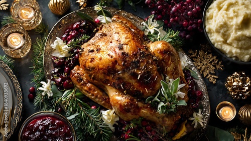 Roasted Turkey Dinner with Cranberry Sauce and Mashed Potatoes, Festive Holiday Meal